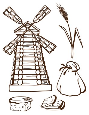 tahıl ve değirmen el çizimi 