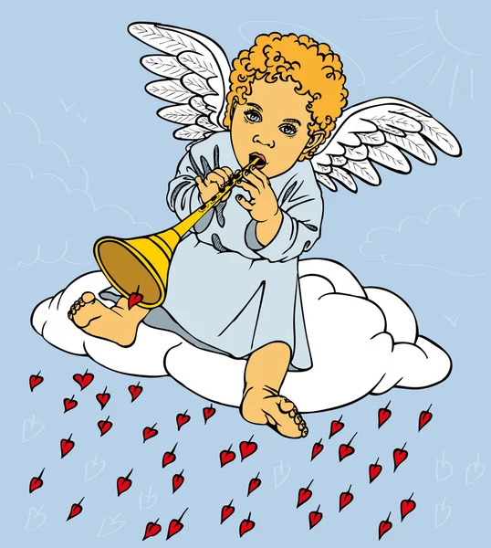 Engel mit Pfeife auf Wolke — Stockvektor