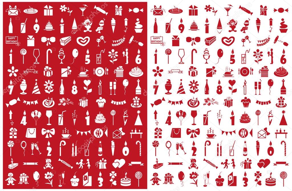 icons birthday on red and white