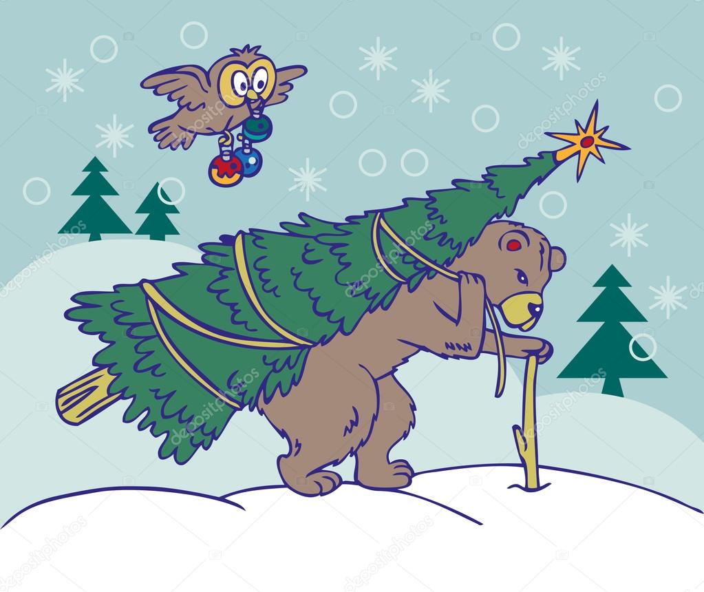 Bear carries a Christmas tree and owl flying