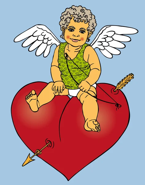 Cupido sentado no coração vermelho —  Vetores de Stock