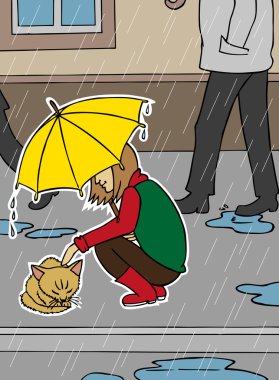 girl and homeless cat in rain clipart