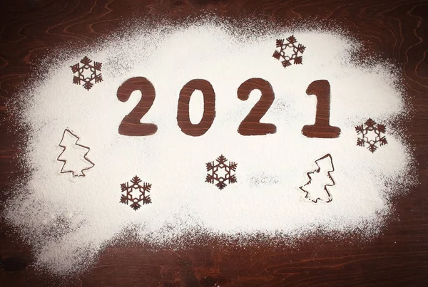 Feliz Ano Novo 2021 Inscrição 2021 Silhuetas Abetos Flocos Neve — Fotografia de Stock