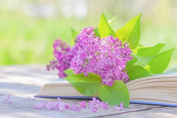 Buquê Lilases Floridos Nas Páginas Livro Aberto Uma Mesa Jardim — Fotografia de Stock