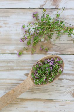 Tahta bir kaşık, beyaz tahta bir masanın üstünde çiçek açıyor. Baharatlar, baharatlar, şifalı bitkiler..