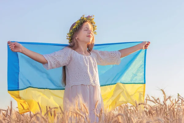 Happy Girl Holding Ukrainian National Blue Yellow Flag Her Hands — Stock Photo, Image