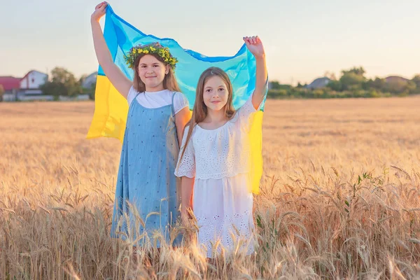 Duas Meninas Bonitos Segurando Uma Bandeira Nacional Azul Amarela Ucrânia — Fotografia de Stock