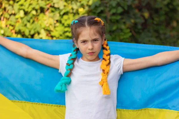 Cute Ukrainian Girl Holding National Flag Independence Day Ukraine Flag — Stock Photo, Image