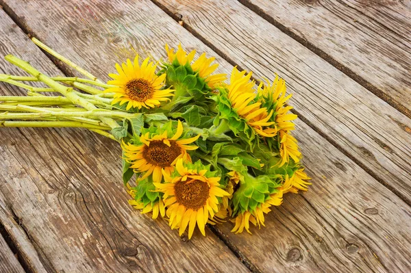 Bouquet Fresh Sunflowers Old Rustic Wooden Table — Fotografia de Stock