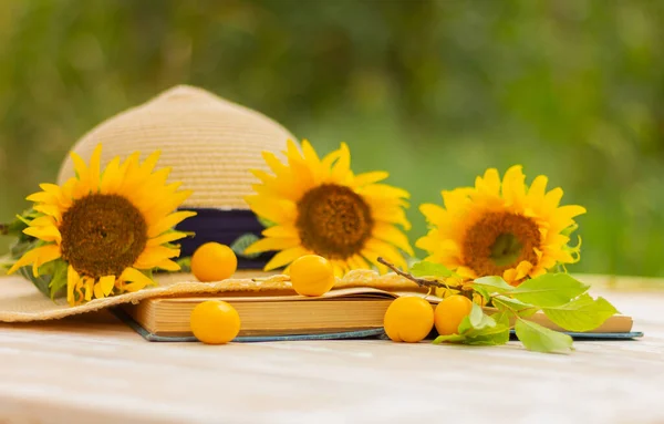 Sunflower Flowers Straw Hat Yellow Plums Book Table Garden Recreation — Photo