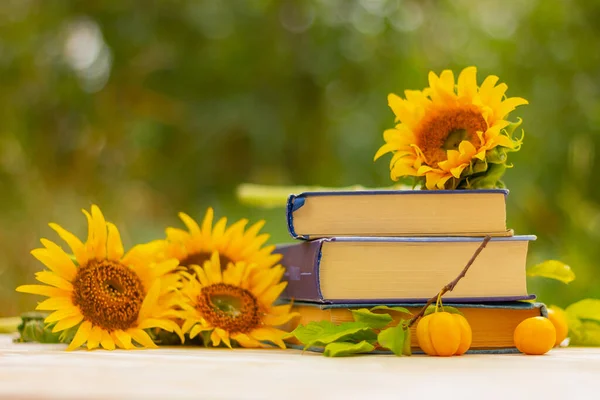 yellow flowers of sunflowers and yellow plums near the stack of books on the table in the garden. rest, reading, vacation concept