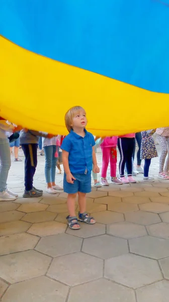 Little Boy Stands Large National Ukrainian Flag Event Dedicated Independence — Stock Photo, Image
