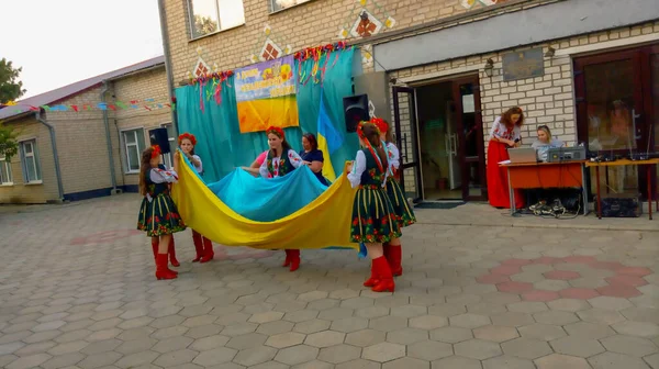 Dívky Národních Kostýmech Drží Velkou Modro Žlutou Vlajku Ukrajiny Akci — Stock fotografie