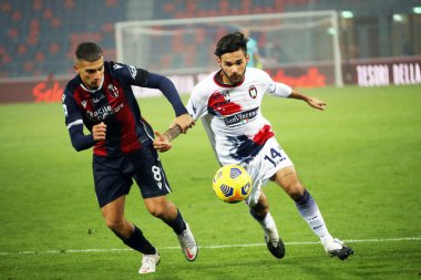 Bologna 'dan Nicolas Dominguez (L) ve Crotone' dan Giovanni Crociata, 29 Kasım 2020 'de İtalya' nın Bologna kentindeki Renato Dall 'Ara Stadyumu' nda oynanan İtalyan Serie A futbol karşılaşmasında karşı karşıya geldiler. Fotoğraf Michele Nucci / LM