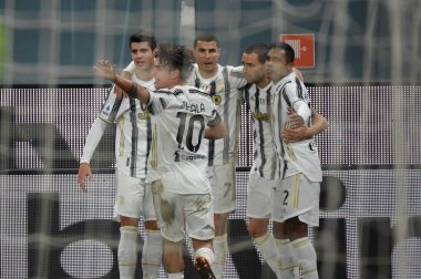 Juventus takımı, Genova, İtalya 'da 13 Aralık 2020' de oynanan Cenova - LM / Danilo Vigo maçında Cenova CFC 'nin Juventus FC' ye karşı attığı golü kutluyor.