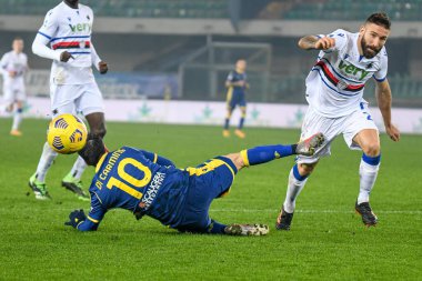 Samuel Di Carmine (Hellas Verona), 16 Aralık 2020 'de İtalya' nın Verona kentinde oynanan Hellas Verona maçında Lorenzo Tonelli (Sampdoria) ile mücadele eder.