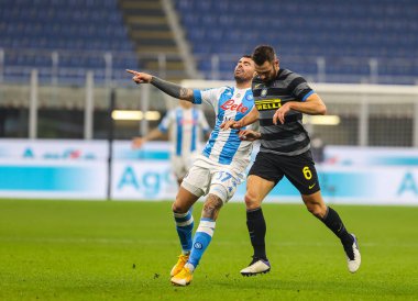 SSC Napoli 'den Andrea Petagna Serie A 2020 / 21 futbol karşılaşmasında FC Internazionale ile SSC Napoli arasındaki San Siro Stadyumu, Milano, İtalya - Fotoğraf: FCI / Fabrizio Carabelli / LM