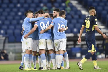 ROME, ITALY - 21 Ocak: SS Lazio takımından Vedat Muriqi, SS Lazio ile Parma arasında 21 Ocak 2021 'de Roma' da oynanan Stadio Olimpico 'da oynanan 8' inci TIM Kupası maçında gol attıktan sonra takım arkadaşlarıyla kutlama yapıyor.