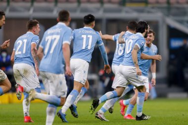 Gonzalo Escalante (S.S. Lazio), İtalya 'nın Milano şehrindeki Giuseppe Meazza Stadyumu' nda oynanan FC Internazionale-SS Lazio maçında attığı golü 14 Şubat 2021 'de kutladı - Kredi: LiveMedia / Francesco Scaccianoce