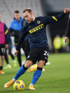 Christian Eriksen (FC Internazionale) İtalyan futbolu Coppa Italia maçında İtalya 'nın Torino kentindeki Allianz Stadyumu' nda oynanan Juventus FC FC Internazionale maçında ısınma turunda, 9 Şubat 2021 - Fotoğraf: LiveMedia / Claudio Benedetto