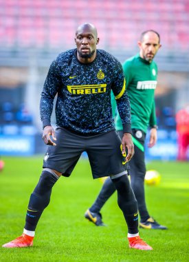 FC Internazionale takımından Romelu Lukaku, İtalya 'nın Milano şehrindeki Giuseppe Meazza Stadyumu' nda oynanan FC Internazionale-Genoa maçında ısındı.