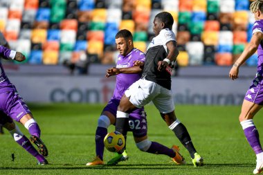 Valentin Eysseric (Fiorentina) İtalyan futbol takımı Serie A maçında Jean-Victor Makengo (Udinese) tarafından Friuli 'de Udinese Calcio - Dacia Arena Stadyumu, Udine, İtalya' da Dacia Arena - 28 Şubat 2021 - Fotoğraf: LiveMedia / Ettore Griffoni