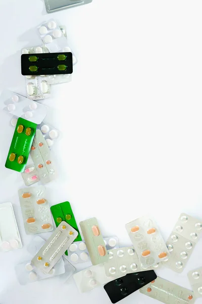 Sacco Pillole Farmaceutiche Medicina Dall Alto Sfondo Bianco — Foto Stock