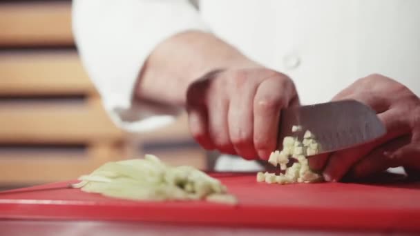 Chef coupe concombre avec couteau — Video