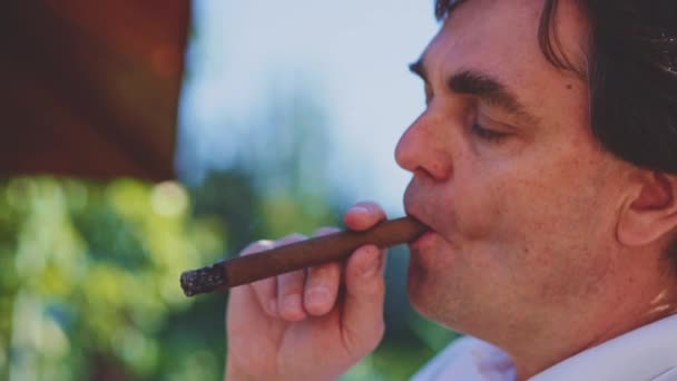 Homme adulte fumant cigare — Video