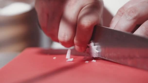 Chef cutting onion with knife — Stock Video