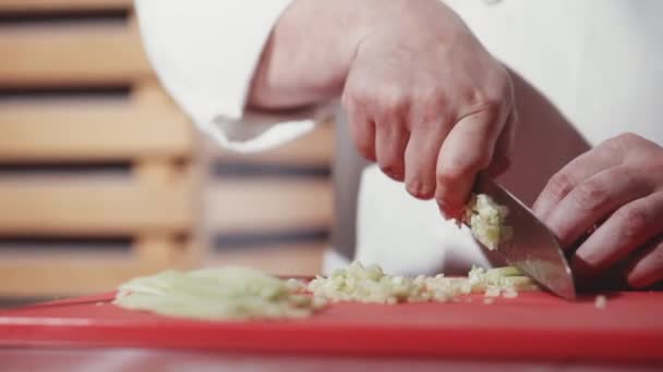 Chef cortando pepino con un cuchillo — Vídeos de Stock