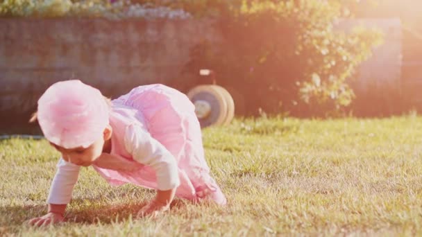 Meisje van de baby kruipen op groen gazon — Stockvideo