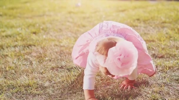 Baby-girl rastejando no gramado verde — Vídeo de Stock