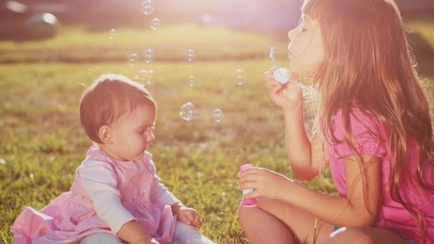 Dwie małe dziewczynki gry na trawnik — Wideo stockowe