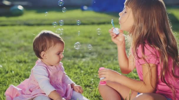 Two little girls playing on lawn — Stock Video