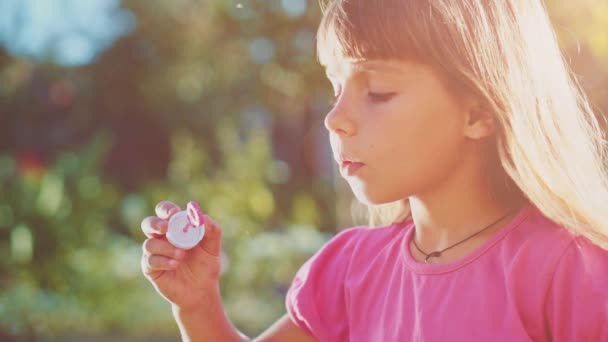 Little girl blowing soap bubbles — Stock Video