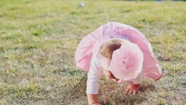 Baby-girl rastejando no gramado verde — Vídeo de Stock