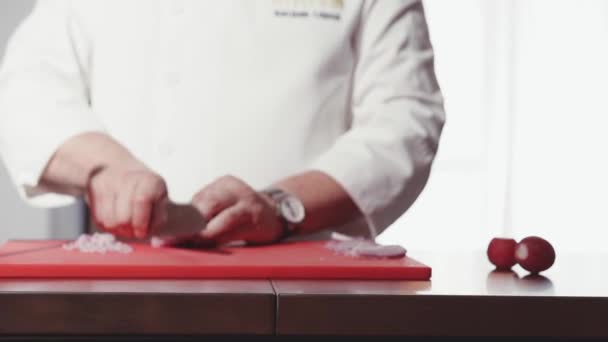 Chef cutting onion with knife — Stock Video