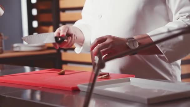 Chef manos cocinar y preparar alimentos — Vídeo de stock