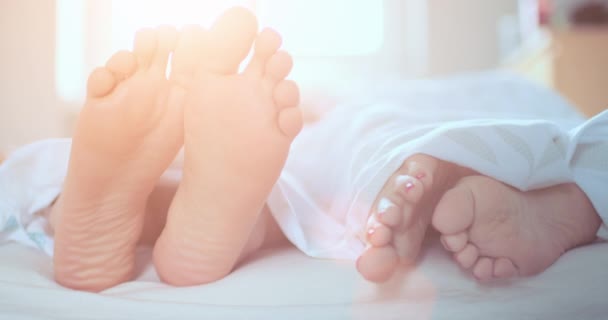 Pair of feet playing footsie in bed — Stock Video