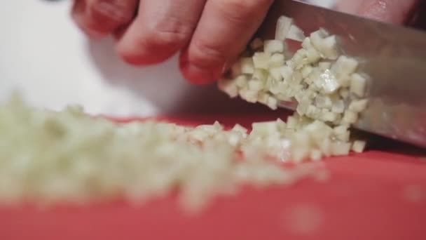 Chef cutting onion with knife — Stock Video