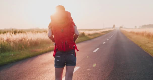 Viaggiatore donna a piedi su strada soleggiata — Video Stock