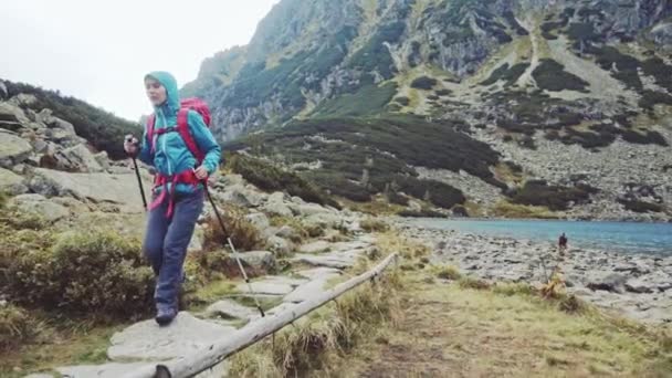 Donna escursionista con zaino a piedi giù — Video Stock
