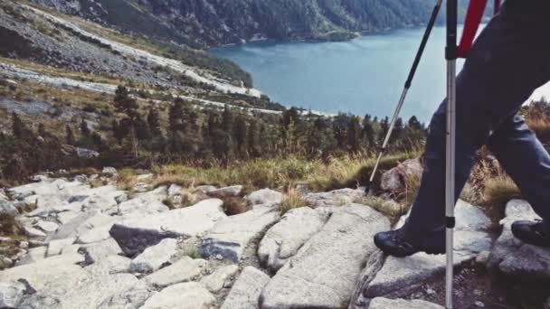 Caminante mujer con mochila caminando abajo — Vídeos de Stock