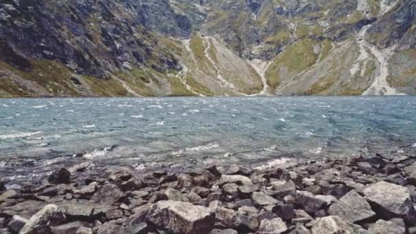 Camera vliegen naar de oever van het meer — Stockvideo