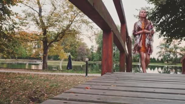 Beautiful young woman on bridge — Stock Video