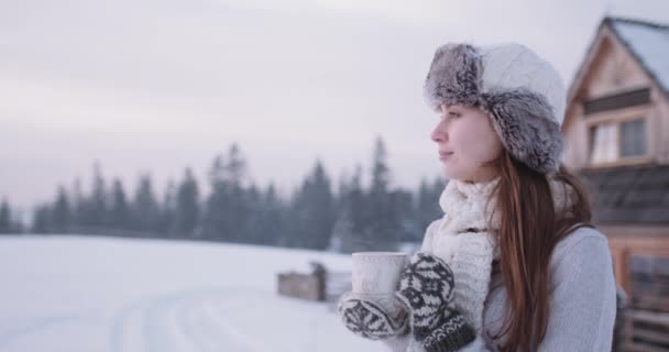 Vrouw koffie of thee drinken in Bergen — Stockvideo