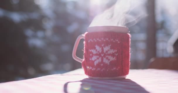 Кубок гарячого напою взимку — стокове відео