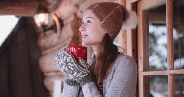 Femme buvant du thé ou du café en montagne — Video