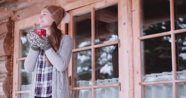 Donna che beve tè o caffè in montagna — Video Stock